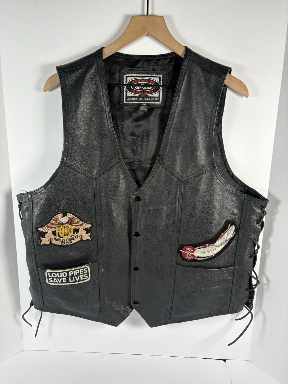 River Road Leather Motorcycle Vest 46 Harley HOG Biker Patches Black Lace